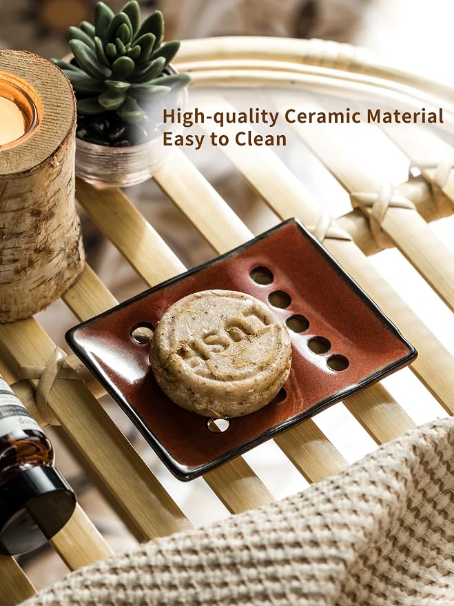 Soap Holder with Self Drain, Ceramic Soap Dishes for Bar, Shower, Japanese Soap Tray for Kitchen and Bathroom, Keep Sink Dry and Tidy, Red
