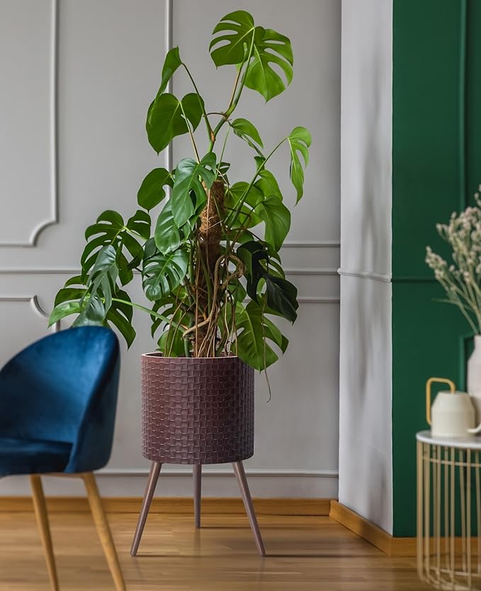 D'vine Dev 16 Inch Modern Geometric Tile Patterned Sleek Planter Pot with Stand, Indoor Outdoor Decorative Plant Holder, Espresso, 88-Z-E-6