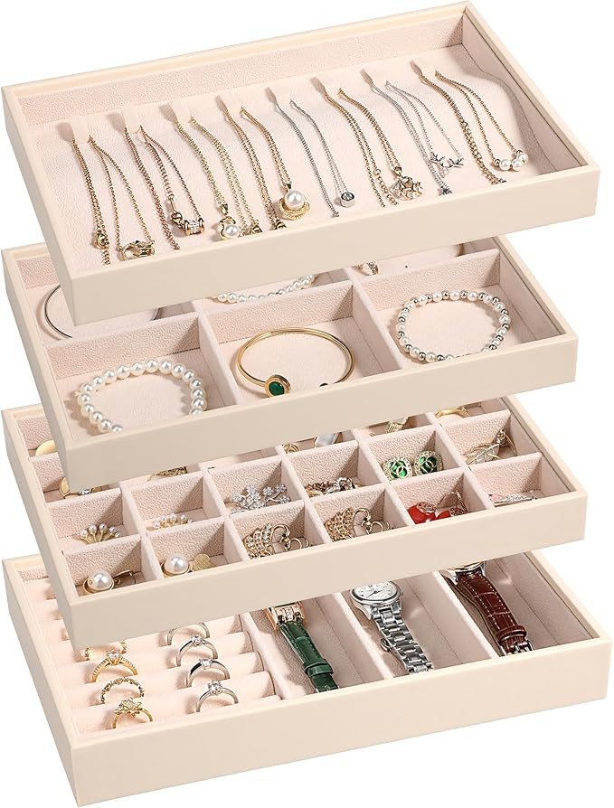 LANDICI Stackable Jewelry Organizer Trays 4 Set, PU Leather Jewelry Organizer