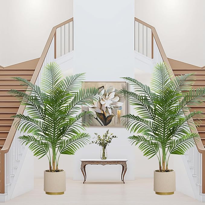 Artificial Palm Tree Plant 6FT Tall Fake Tropical Palm Tree in Pot, Real Bark Design Faux Areca Palm Tree for Home Office Living Room Bedroom Farmhouse Modern Indoor Outdoor Topiary Tree (18 Trunks)