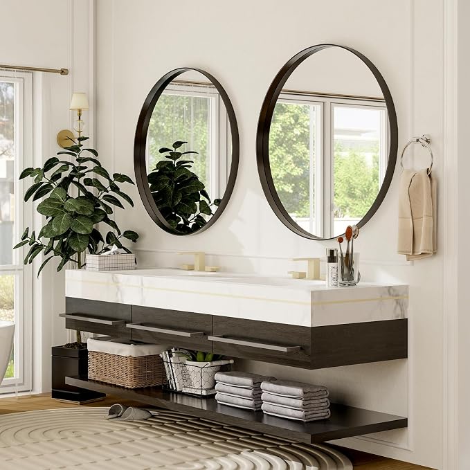 24 Inch Round Bathroom Mirror - Wall Mounted Circle Mirror with Metal Frame, Modern Mirror Suitable for Bathroom, Vanity, Entryway, Living Room, Wall Decor,Black