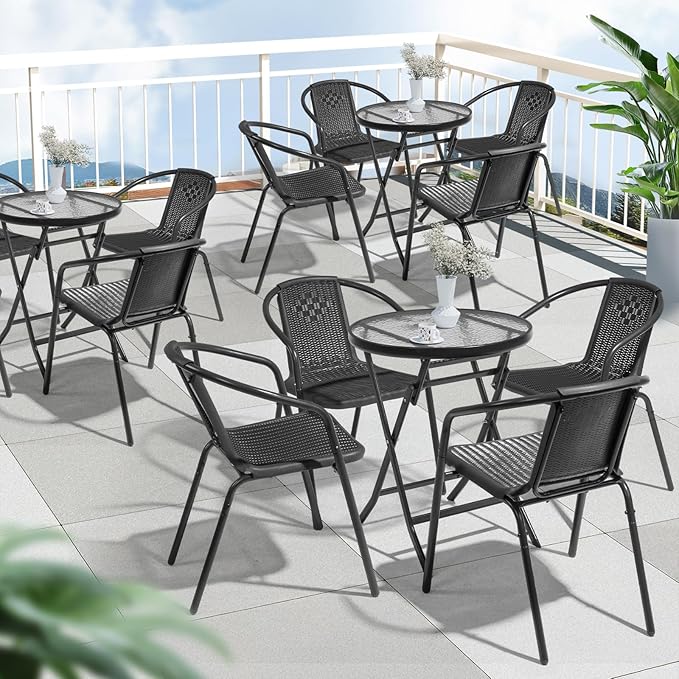 VINGLI PE Rattan Outdoor Dining Chairs Set of 2, Plastic Stackable Patio Chairs for Indoor, Porch, Restaurant, Garden, Black