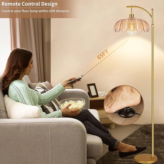 ILLMTW Gold Floor Lamp for Living Room,Bedroom,Mid Century Modern Standing Lamp with Remote,Dimmable Brass Tall Lamp Amber Glass Lamp Vintage Retro Arc Floor Lamps Flower Floor Light Boho Bohemian
