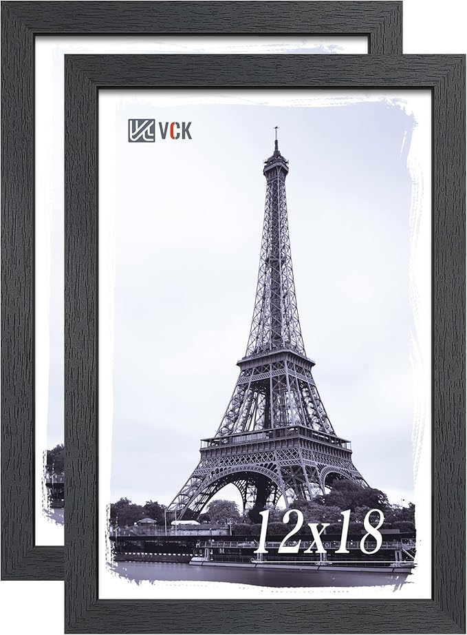 VCK 12x18 Poster Frame - 2 pack, Solid Wood Picture Frames with Polished Plexiglass, Wall Hanging (black)