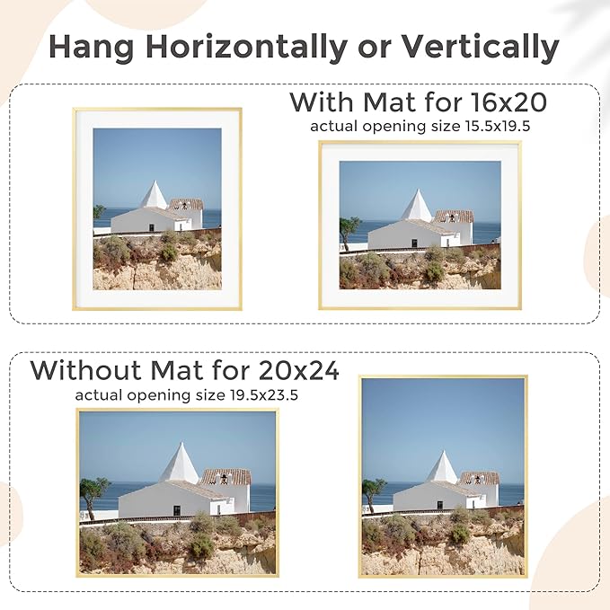 20x24 Metal Picture Frame for Wall With Mat for 16x20, 20''x24'' Aluminum Photo Frames With Tempered Glass for Home Decor, Minimalist Modern Poster Frame Horizontal And Vertical Formats, Gold