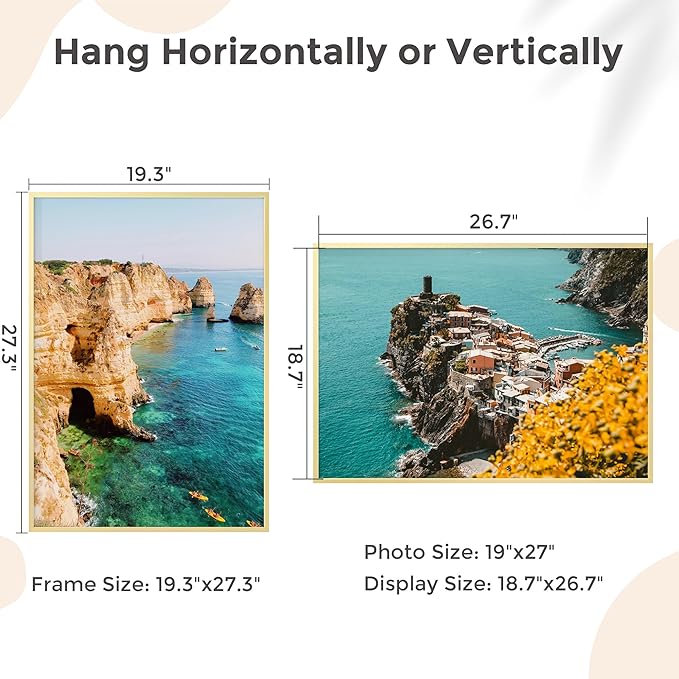19x27 Metal Picture Frame - Gold Aluminum Picture Frames with Real Glass, Wall Mounting Horizontally or Vertically, Diploma, Certificates and Decor for Wall Gallery 27x19 Frame, Gold