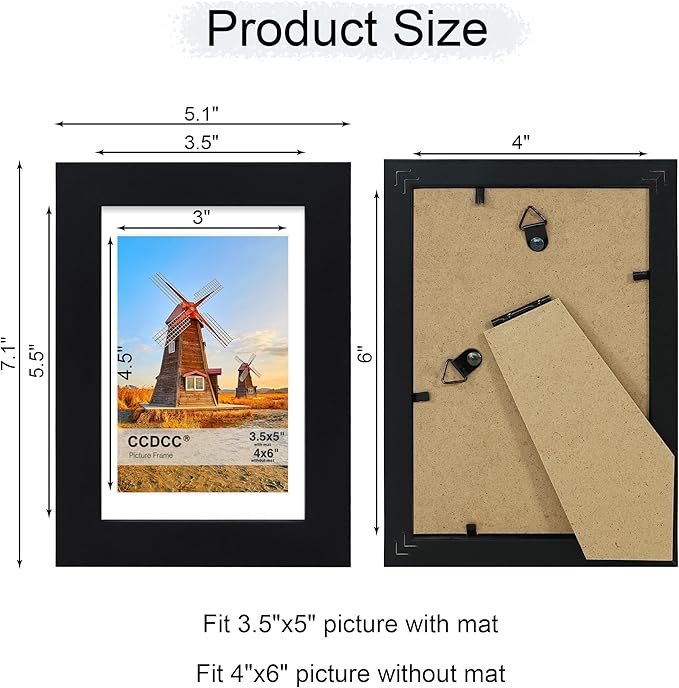 4x6 Picture Frame Set of 4, 4 x 6 Wood Photo Frames with Mat for 3.5x5, Wooden Frame with Real Glass Cover for Wall and Tabletop Display,Black