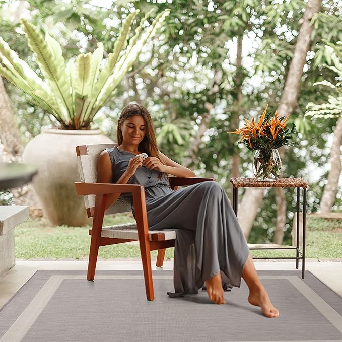 CAMILSON Outdoor Rug 9x12,Large Modern Outside Rugs for Patios Porches Waterproof Durable Washable Non-Shedding, Easy-to-Clean Indoor Outdoor Area Carpet (9 x 12, Bordered - Gray/White)