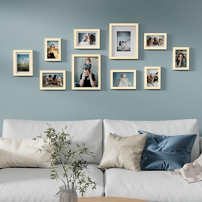 Vittanly Picture Frames Set of 10, Picture Frames Collage Wall Decor with Two 8x10, Four 5x7, and Four 4x6 Photo Frames, Gallery Wall Frame Set for Wall or Tabletop Display, Natural