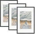 11x17 Metal Picture Frame for Wall With Mat for 8x12, 11''x17'' Aluminum Photo Frames With Tempered Glass for Home Decor, Minimalist Modern Poster Frame Horizontal And Vertical Formats, 3 PCs, Black