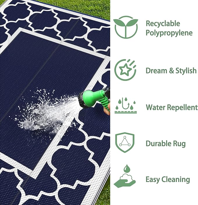 GENIMO 5' x 8' Outdoor Rug Waterproof for Patio Fall Decor, Foldable Reversible Plastic Straw Area Rugs Mat for Camper, Outside Carpet for Rv, Deck, Porch, Picnic, Beach, Balcony, Blue & White