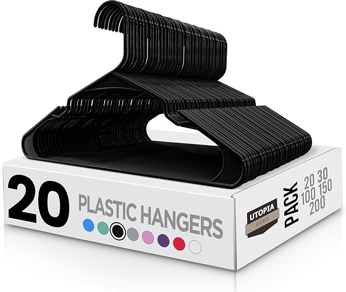 Utopia Home Plastic Hangers 20 Pack - Perfect Space Saving Clothes Hanger - Durable and Strong - Perfect Closet Organizers with Shoulder Grooves (Black)