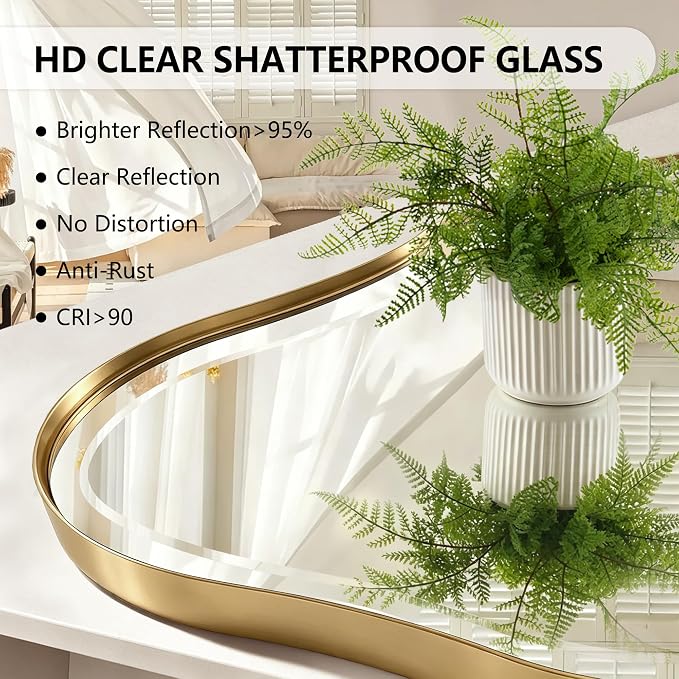 POZINO Irregular Beveled Mirror, 53"x26.5" Modern Organic Shaped Mirror with Metal Frame, Gold Asymmetrical Aesthetic Wall Mirrors for Bathroom Living Room Bedroom Entryway, Horizontal/Vertical