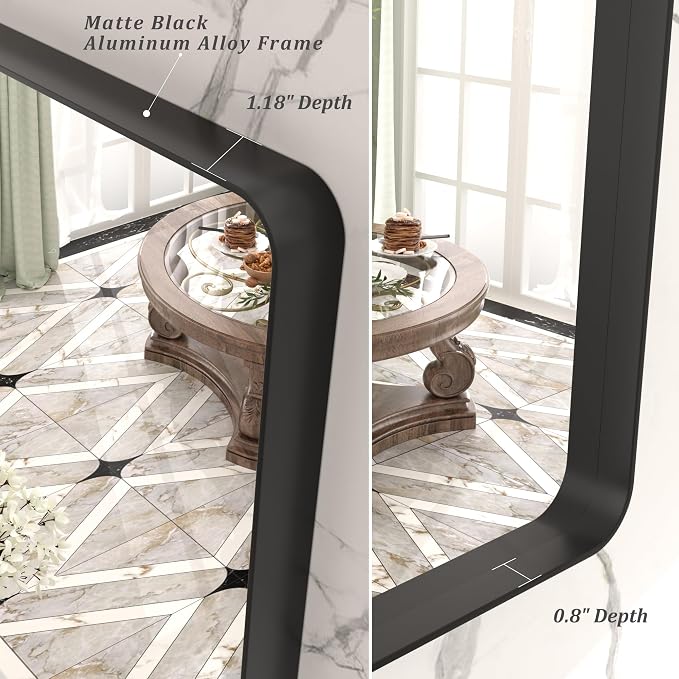 40x36 Inch Black Metal Framed Bathrrom Mirror for Wall, Black Rounded Rectangle Mirror, Matte Black Bathroom Vanity Mirror, Anti-Rust, Tempered Glass, Hangs Horizontally or Vertically