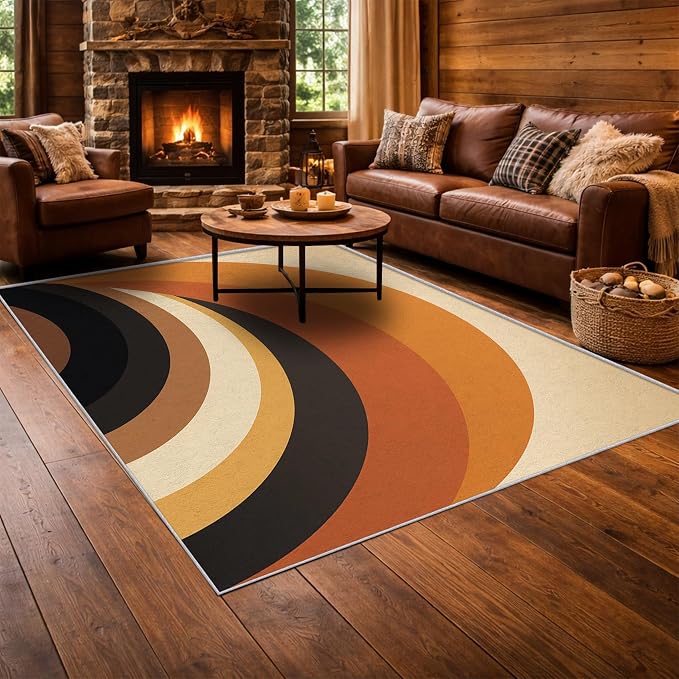 Mid Century Modern Area Rug 7x8, Washable Non-Slip Low Pile Retro Rainbow Rug for Living Room Bedroom Home Office, Abstract Boho Carpet in Terracotta Camel Cream and Black