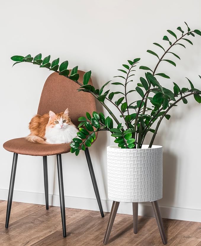 D'vine Dev 12 Inch Modern Geometric Tile Patterned Sleek Planter Pot with Stand, Indoor Outdoor Decorative Plant Holder, Matte White, 88-Z-C-1