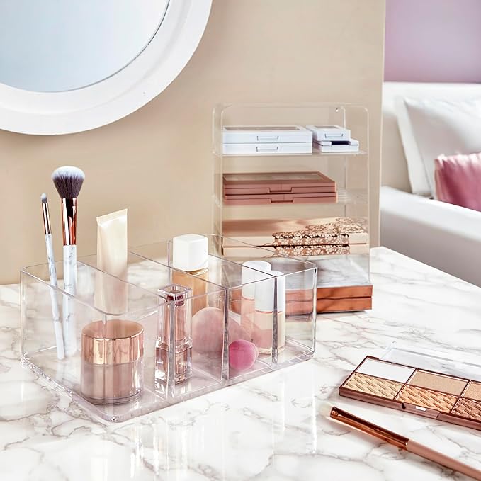 STORi 4-Compartment Clear Plastic Organizer, Rectangular Divided Makeup and