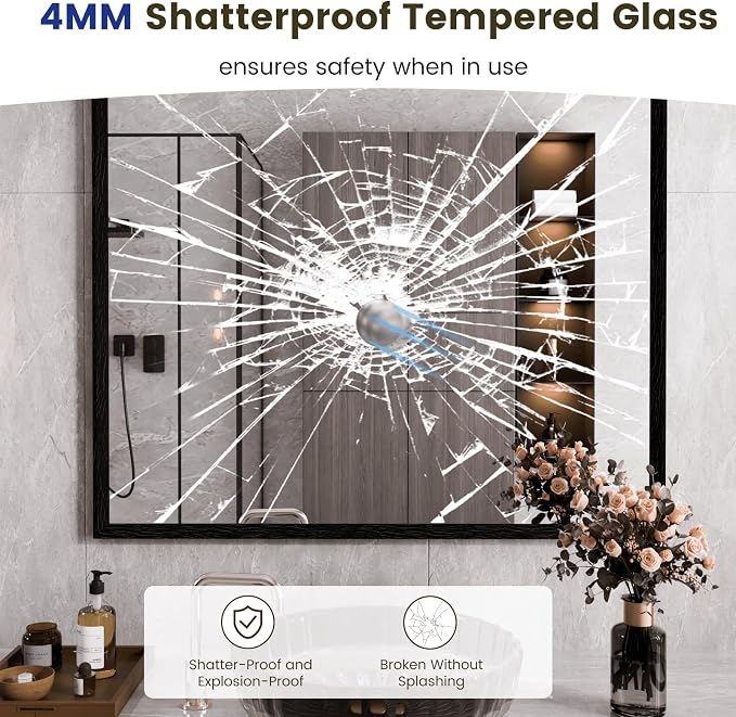 WEER Black Framed Mirror 36X30 Inch, Rectangular Matte Black Bathroom Vanity Mirror, Farmhouse Bathroom Mirror with Tempered Glass, Anti-Rust, Hangs Horizontal or Vertical