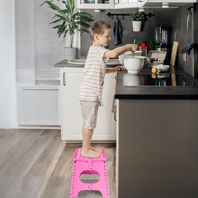 Delxo Folding Step Stool,11 Inch Non-Slip Foldable Step Stools for Kids and Adult,Portable Lightweight Small Folding Stool with Handle for Kitchen Bathroom in Pink,1 Pack