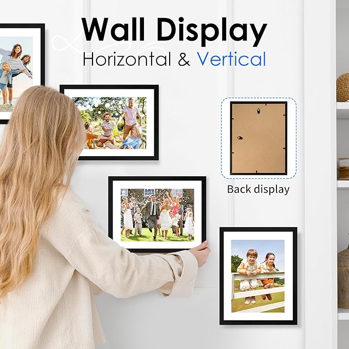 FIXSMITH A4 Picture Frame Set of 2, Black Photo Frame with HD Plexiglass, Display Pictures 6x8 with Mat or 8.3x11.7 Without Mat Multi Picture Frames Collage for Tabletop or Wall Display
