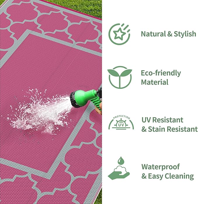GENIMO 6' x 9' Outdoor Rug Waterproof for Patio Decor, Foldable Reversible Plastic Straw Area Rugs Mat for Camper, Outside Carpet for Rv, Deck, Porch, Picnic, Beach, Balcony, Pink & Grey