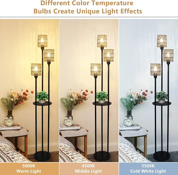 Boho Floor Lamp with Shelves, 3-Lights Farmhouse Tall Floor Lamp with ON/Off Foot Switch, Rustic Standing Lamp with Rattan Shades for Living Room Bedroom Office