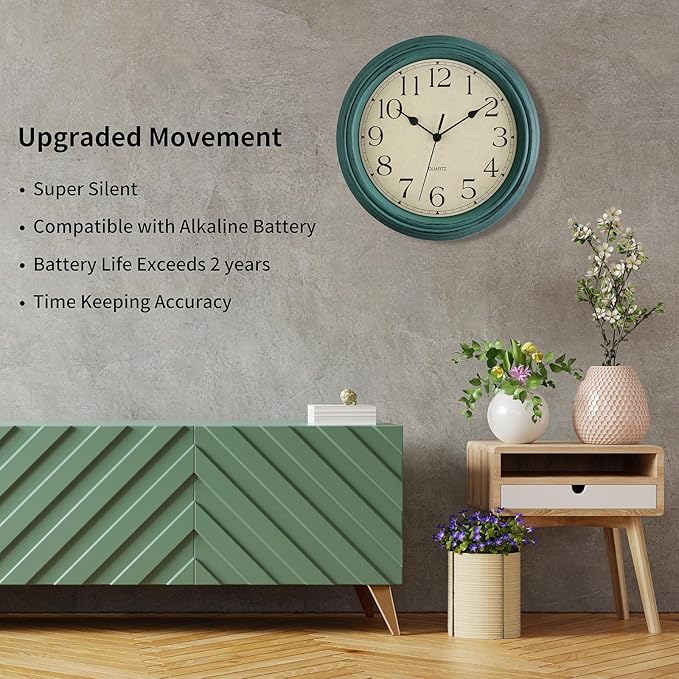Foxtop Retro Silent Non-Ticking Round Classic Clock 12 Inch Quartz Decorative Battery Operated Wall Clock for Living Room Kitchen Home Office (Turquoise)