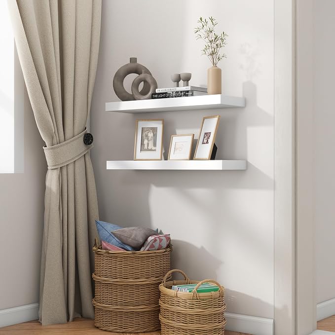 fuqing White Floating Shelves for Wall - 24 Inch Wide x 6.7 Inch Deep Solid Wood Shelves Set of 2 - White Wood Ledge Shelf for Bedroom Bathroom Living Room Kitchen