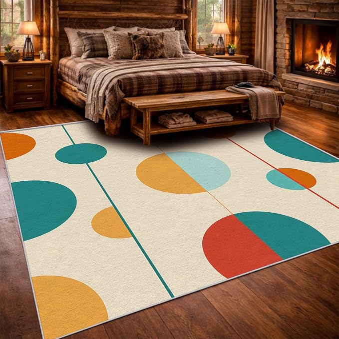 Mid Century Modern Area Rug 7x7, Washable Non Slip Low Pile Abstract Geometric Carpet for Living Room Bedroom Dining Room, Minimalist Retro Circle Accent Rug, Ivory Teal Mustard Orange