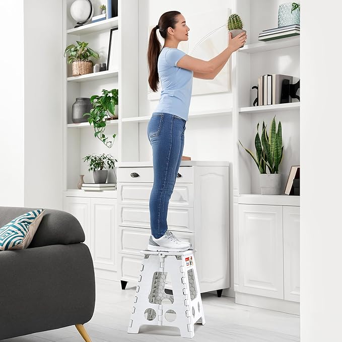 ACSTEP Folding Step Stool 16 Inch Heavy Duty Step Stool Foldable for Adults and Kids, Collapsible Stepping Stool with Handle, Non Slip Folding Stools for Kitchen Hold Up to 400lbs (White 1PC)