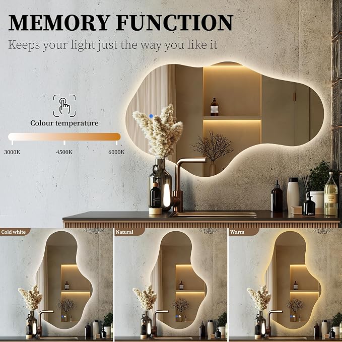 Irregular LED Bathroom Mirror with Lights, Backlit Vanity Mirror for Wall, Asymmetrical Wall Mirror, 3 Color Dimmable Anti-Fog Smart, Decorative Mirror for Bathroom, Entryway(26″ x 43″, 2 Pack)
