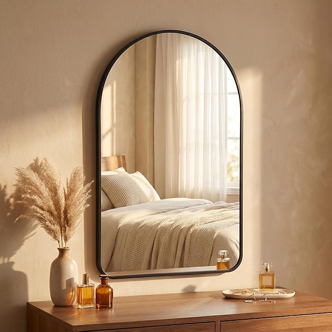 HARRITPURE 26"x38" Arched Bathroom Mirror, Wall Mounted Mirror, Black Arch Mirror, Aluminum Alloy Frame Wall Mirror for Living Room, Bedroom, Entryway