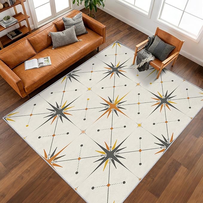 Atomic Rugs for Bedroom 6x9 ft, Mid Century Modern Area Rugs for Living Room, Washable Non Slip Low Pile Starburst Carpet, Home Decor PF-P 107