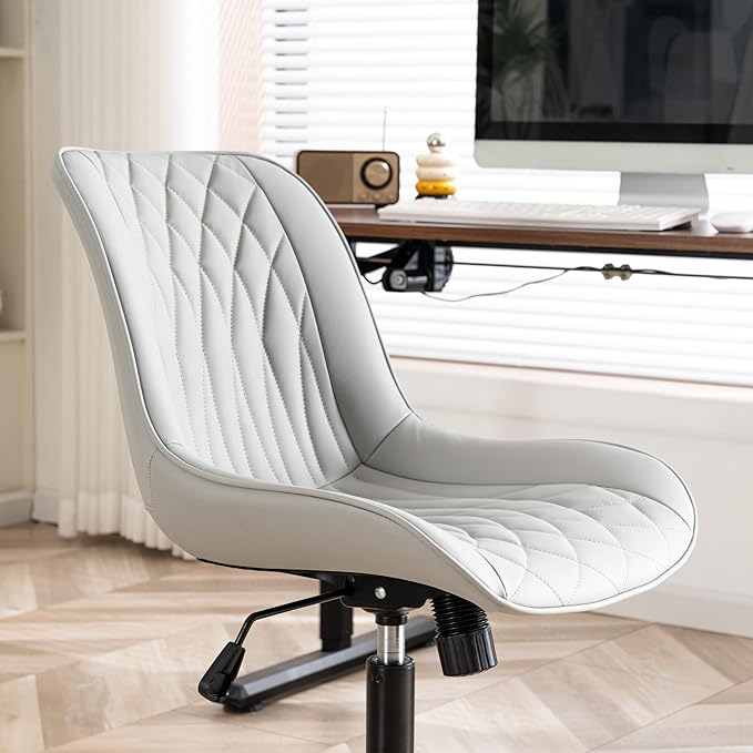 YOUNIKE Grey Ergonomic Home Office Desk Chair Armless Comfy Small Criss Cross Chair with Wheels Swivel Adjustable Modern Vanity Chair Wide Back Cute Leather Upholstered Rolling Task Chair No Arms