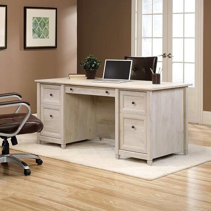 Sauder Edge Water Executive Desk, Chalked Chestnut, 65" Home Office Desk with Storage