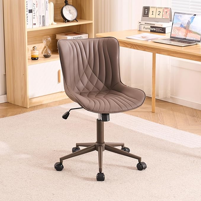 YOUTASTE All Brown Office Chair, Modern Armless Desk Chair with Back, Adjustable Swivel Rolling Faux Leather Task Chair with Wheels Metal Base for Home Office, Study, or Vanity