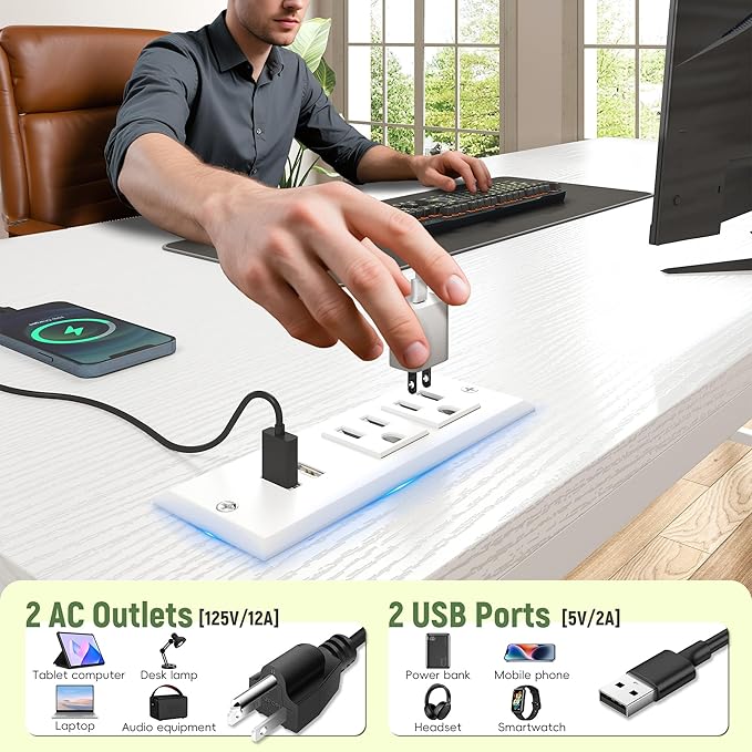 Computer Desk with Ergonomic Monitor Stand & CPU Stand,47.2" Gaming Desk with 1 Drawer & Power Outlet & LED Lights for Home Work, Bedroom Study and Gaming, Small Spaces,White