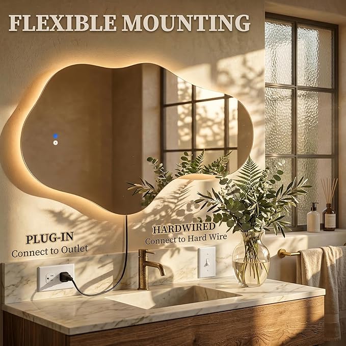 Irregular LED Bathroom Mirror with Lights, Backlit Vanity Mirror for Wall, Asymmetrical Wall Mirror, 3 Color Dimmable Anti-Fog Smart, Decorative Mirror for Bathroom, Entryway(26″ x 43″, 2 Pack)