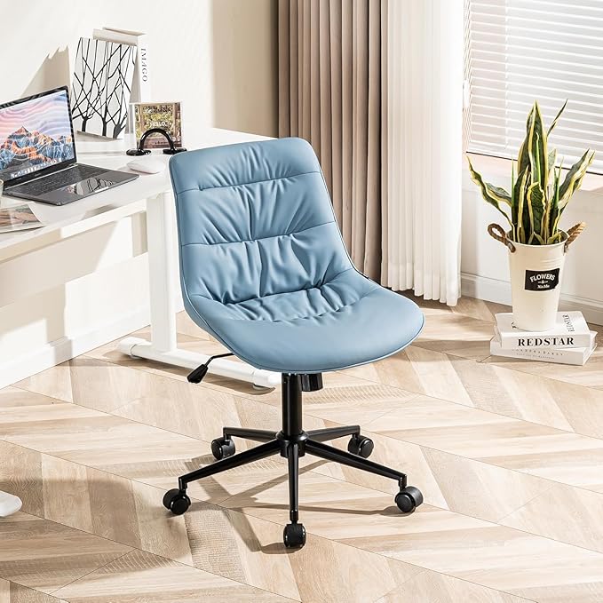 Kidol & Shellder Faux Leather Office Chair, Adjustable Swivel Height Task Chair, Rolling Wheels & Soft Backrest - Armless Ergonomic Desk Chair for Home, Office,Vanity,Gaming（Blue）