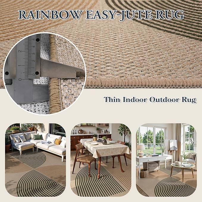 Lahome Modern Rainbow Easy Jute Rug, 6x9 Rug for Living Room Washable Indoor Outdoor Patio Rug, Farmhouse Rug for Bedroom Non Slip Contemporary Carpet for Backyard Deck Office Decor
