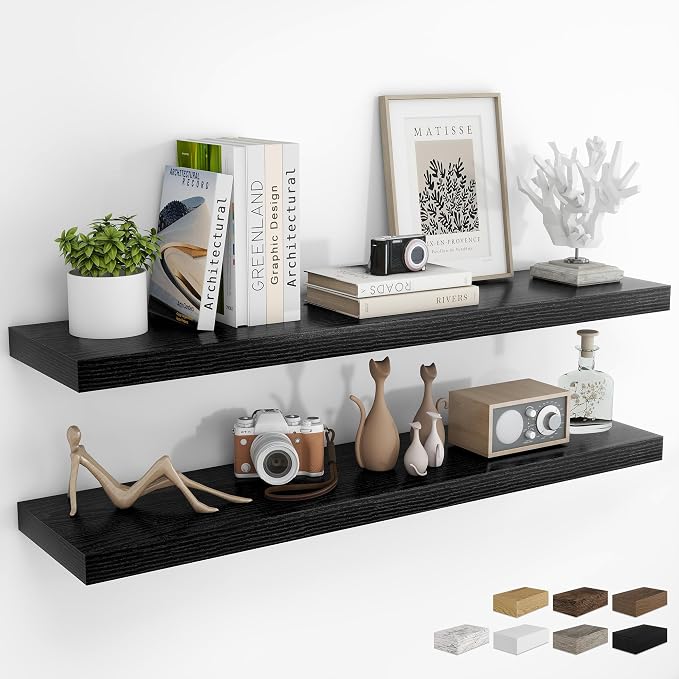 RICHFOCUS 48Inch Floating Shelves for Wall 2 Pack Shelves for Bedroom|Kitchen|Bathroom Wall Mounted Rustic Wood Floating Shelf with Invisible Brackets for Books|Storage|Decor, Black