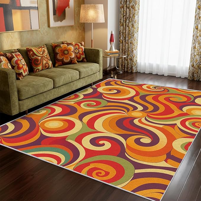 70s Retro Rug 5x7 Swirl Psychedelic Groovy Hippie Pop Pattern Area Rugs for Living Room, Bedroom, 70s Retro Home Decor Accessories Indoor Carpet, Non Slip & Machine Washable, GD0316