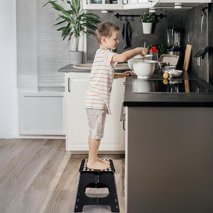 Delxo Folding Step Stool,11 Inch Non-Slip Foldable Step Stools for Kids and Adults,Portable Foldable Step Stool Lightweight Small Folding Stool with Handle for Kitchen Bathroom in Black,1 Pack