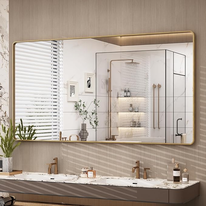 60x30 Inch Gold Bathroom Mirror for Wall, Brushed Metal Gold Framed Mirror, Large Rectangle Brass Vanity Mirror for Bathroom, Shatterproof, Anti-Rust (Horizontal/Vertical)