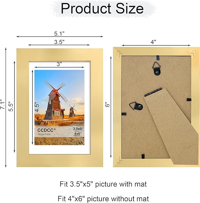 4x6 Picture Frame Set of 4, 4 x 6 Wood Photo Frames with Mat for 3.5x5, Wooden Frame with Real Glass Cover for Wall and Tabletop Display,Gold