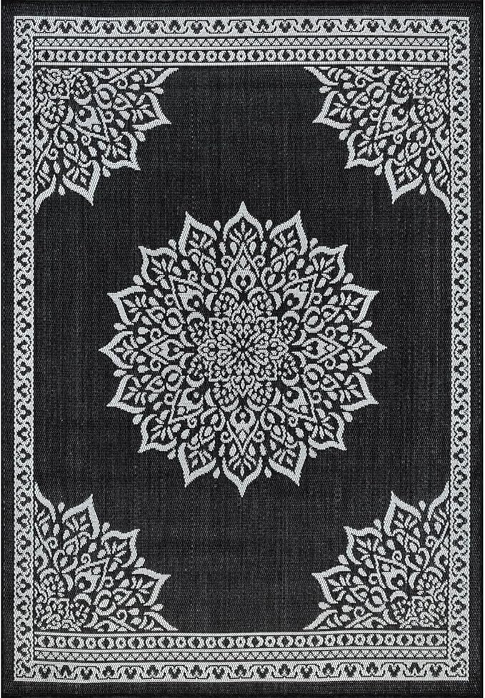 CAMILSON Outdoor Rug, 5x7 Medallion Black White Modern Area Rugs for Indoor and Outdoor Patios, Kitchen and Hallway Mats, Washable Porch Deck Outside Carpet (Medallion Black, 5 x 7)