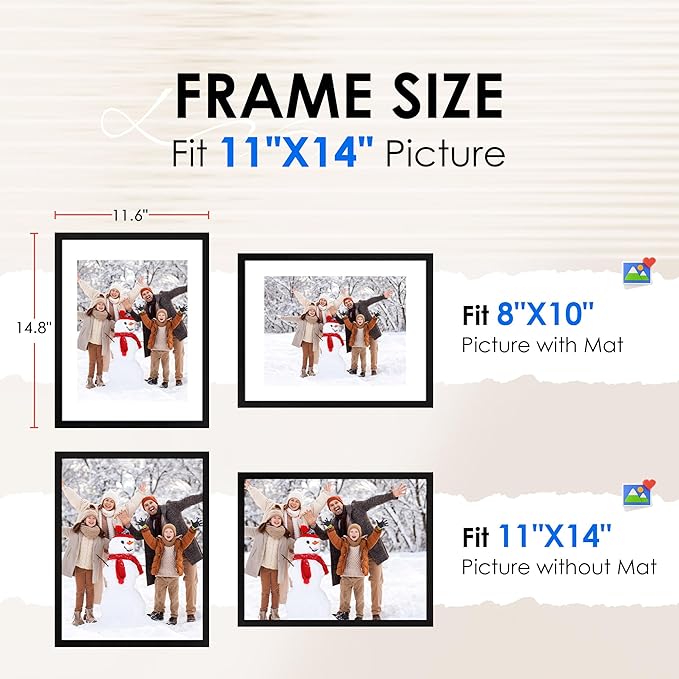 FIXSMITH 11x14 Picture Frame 2 Pack, Photo Frame with HD Plexiglass, Display Pictures 8x10 with Mat or 11x14 Without Mat, Black Picture Frames Collage Wall Decor, Gallary Wall Frame