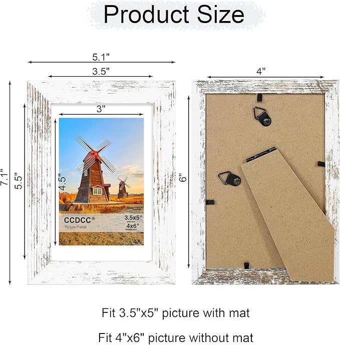 4x6 Picture Frame Set of 4, 4 x 6 Wood Photo Frames with Mat for 3.5x5, Rustic Natural Wooden Frame with Real Glass Cover for Wall and Tabletop Display,Distressed White