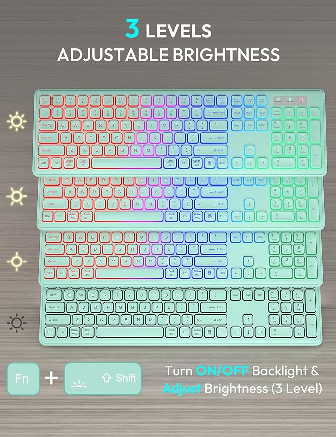 Wireless Keyboard and Mouse Combo - RGB Backlit, Rechargeable & Light Up Letters, Full-Size, Ergonomic Tilt Angle, Sleep Mode, 2.4GHz Quiet Keyboard Mouse for Mac, Windows, Laptop, PC, Mint Green