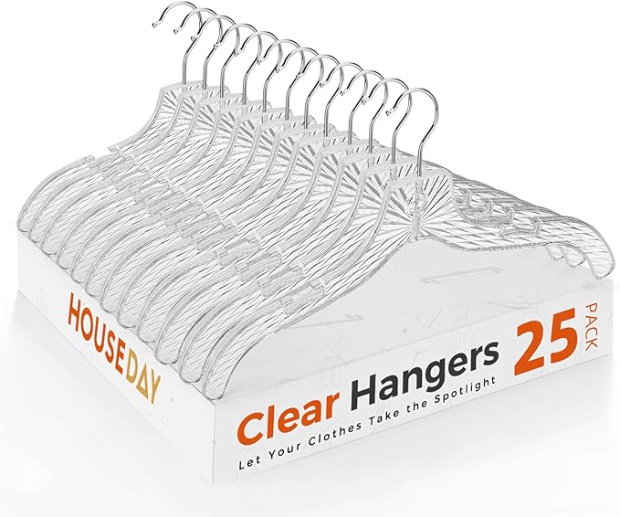 HOUSE DAY Clear Plastic Hangers 25 Pack, Durable Crystal Hangers for Clothes, Light Weight Plastic Dress Hanger for Women, Versatile 16.7‘’ Hanger for Closet and Retail Use, with 360° Swivel Hook